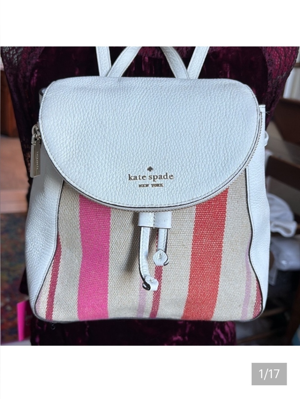 Kate Spade. Backpackl  Small  striped tweed.  White leather  Pocket in flap EUC.